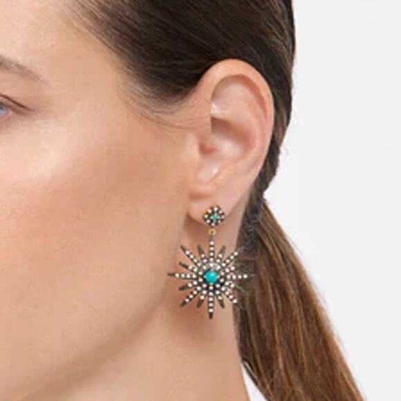 14K Gold Turquoise Crystal Black Star Dangle Drop Earrings ~ RETAIL $475 - Picture 5 of 6